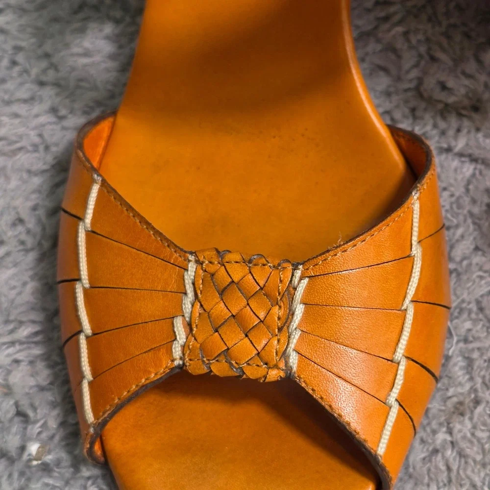 VTG Cole Haan NikeAir Wedge Sandals Orange Leather Woven Peep Toe Womens‎ 6.5 B